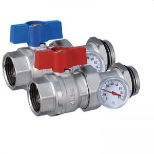 Комплект для прямого соединения коллектора с трубопроводом, состоит из:кран шаровой 1" прямой, тройник под термометр, красная " бабочка" на подающем контуре