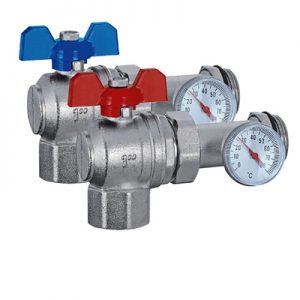 Комплект для углового соединения коллектора с трубопроводом, состоит из:кран шаровой 1" угловой, тройник под термометр, синяя " бабочка" на обратном контуре